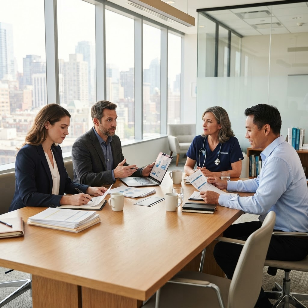 Accelerator Rev AI consultants working with a healthcare practice team