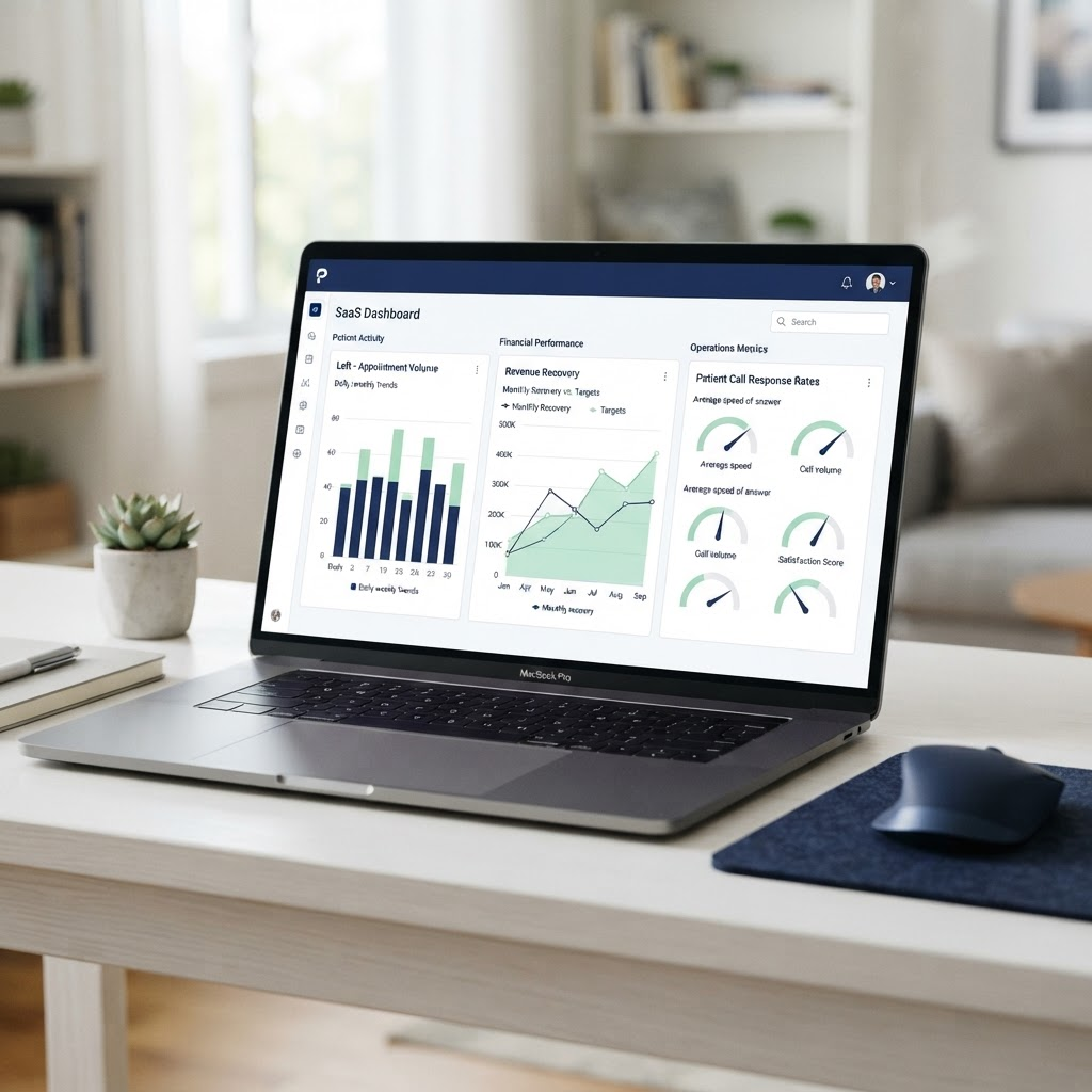 Healthcare operations dashboard showing appointment volume, revenue recovery, and patient communication metrics